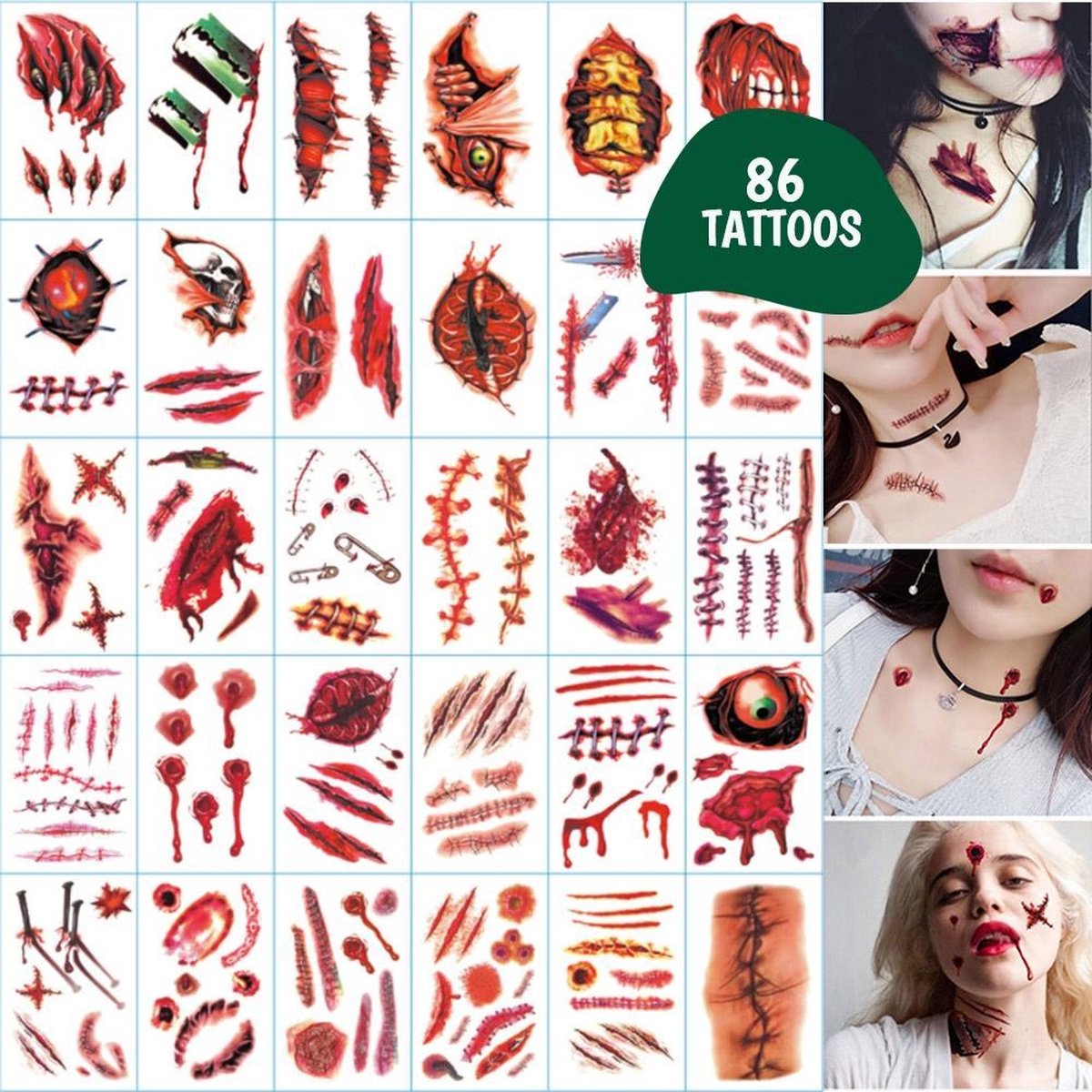 Nep Tattoos - 86 Designs - Halloween - Plaktattoos Bloed - Nepwonden