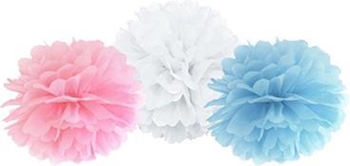 Pompons - Pompons Decoratie - 3 Stuks - Blauw Roze Wit - 30cm