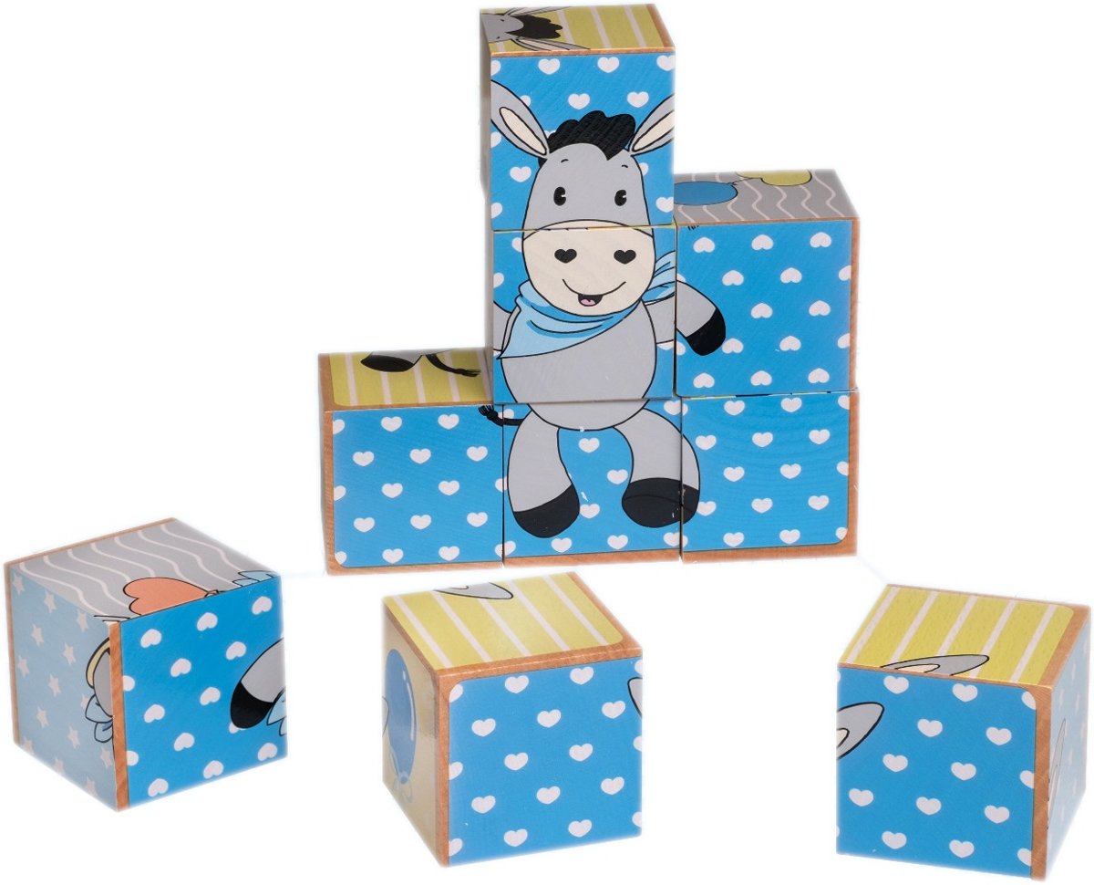 Happy People Houten Puzzelblokken Ezel 9-delig 14 Cm Blauw