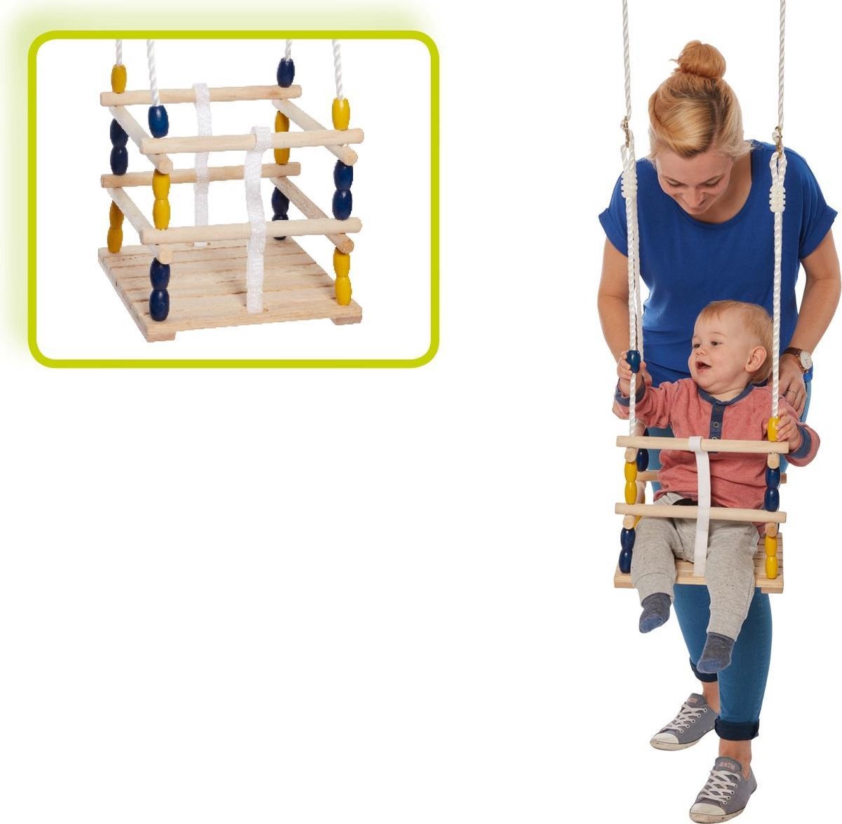   Houten  zitje Met Tralies 30 Cm Blauw/geel