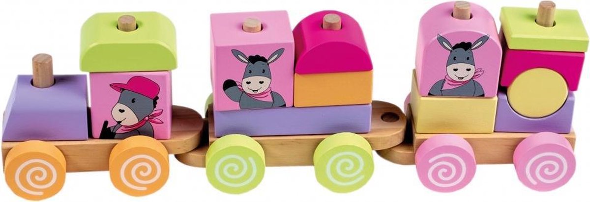 houten blokken trein 16-delig 34cm roze