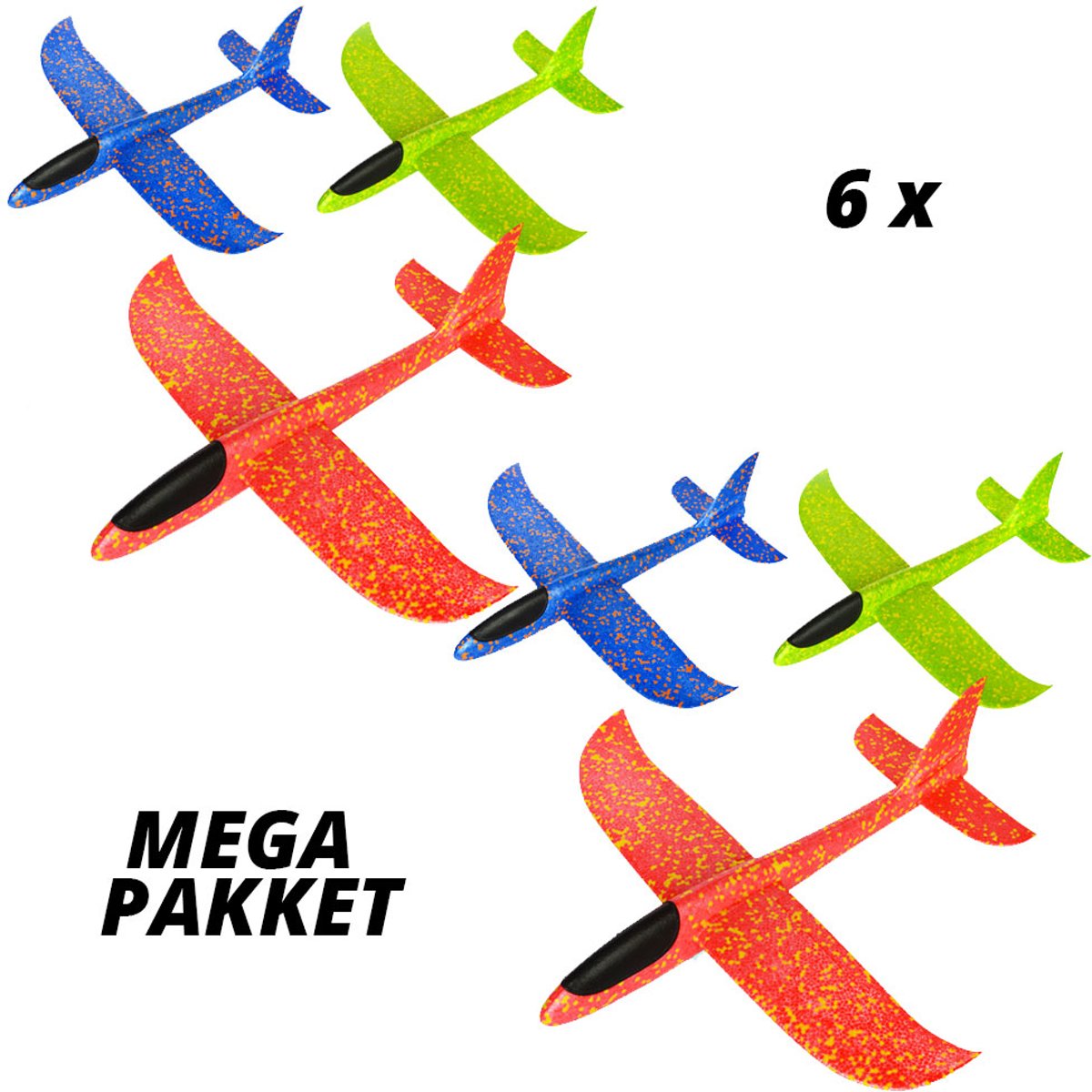 6 gekleurde foam vliegtuigjes - 2 x blauw, 2 x rood en 2 x groen