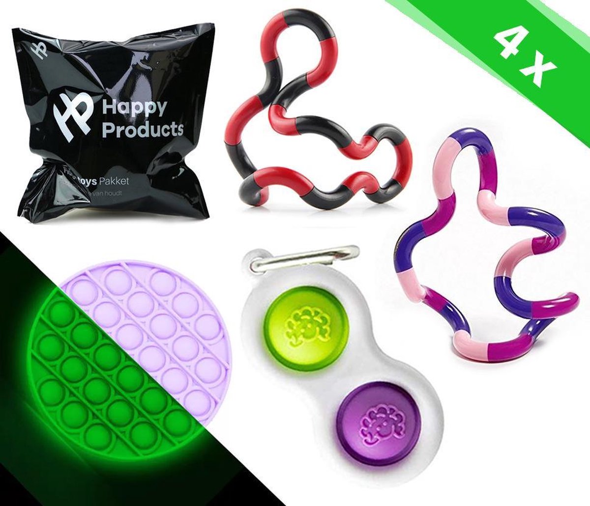 Happy products - Fidget toys pakket 4 stuks - fidget toys pakket onder de 20 euro - pop it - simple dimple - bekend van Tiktok