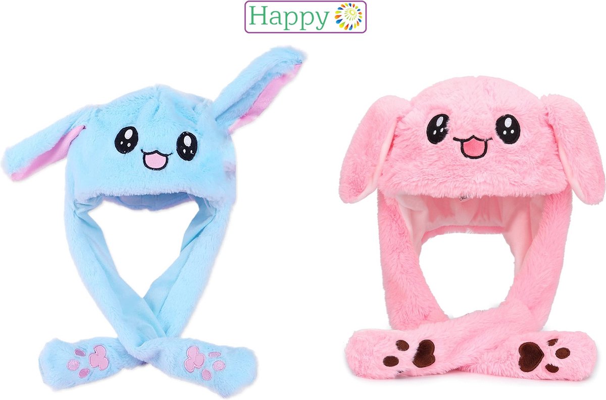 Happy - Bunny Hat 2 Stuks Roze en Blauw - Muts Met Oorflappen - Muts met Oren - Kawaii Konijn Muts met licht functie led - Bewegende oren - lucht