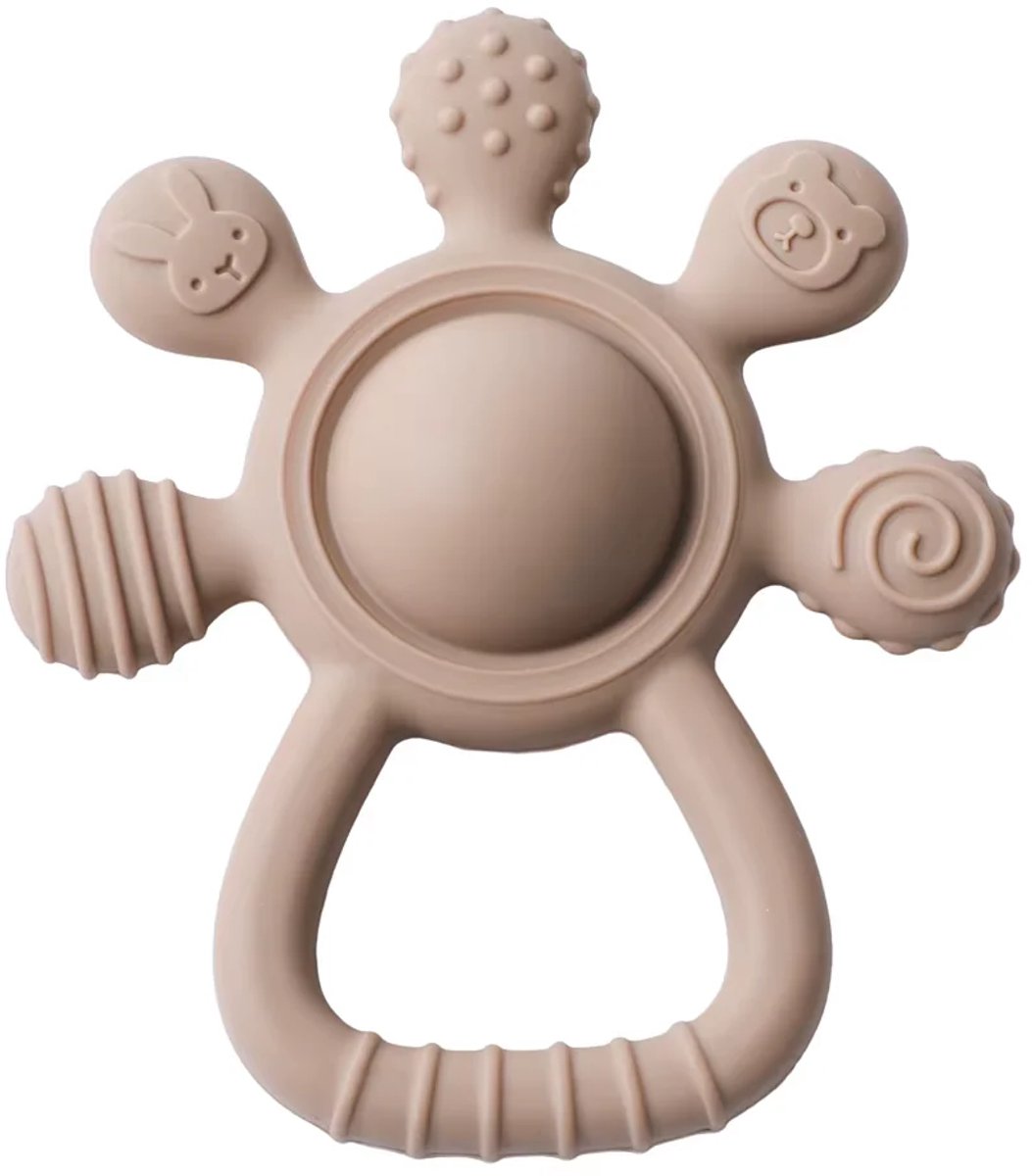 HappyBeebies - Baby Bijtring met Rammelaar - Bruin - Food Grade Siliconen - Kraamcadeau - BPA vrij