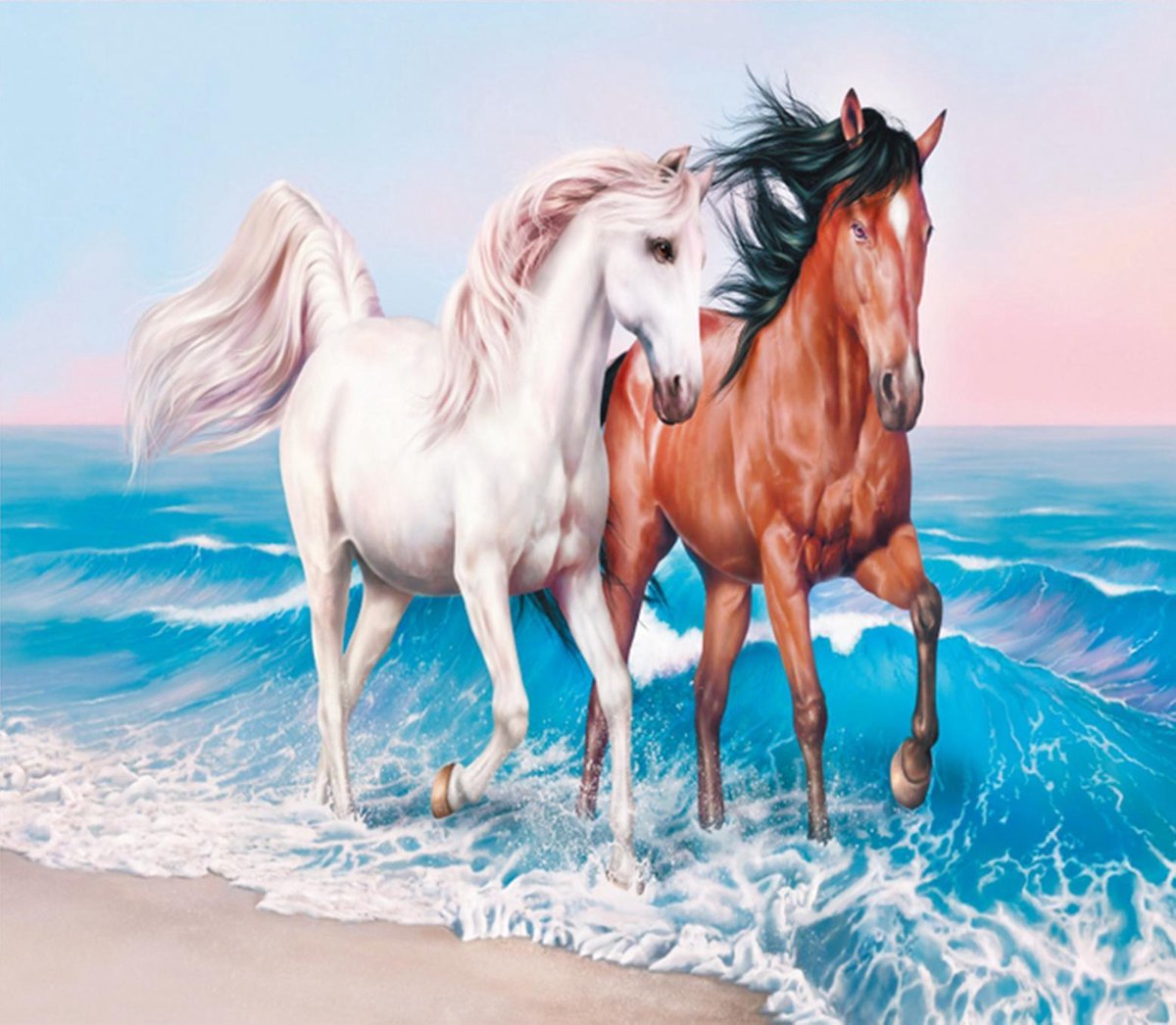 HappyHobby Diamond Painting Volwassenen – Volledig Pakket Inclusief Alle Accessoires – Vierkant – 30x40cm - Paarden op Strand Dieren