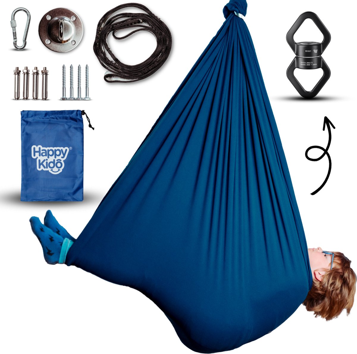 HappyBag Sensorische Hangschommel Voor Kinderen - Inclusief 360º Draaihaak - Indoor en Outdoor - Schommel & Hangmat - Kalmerende Werking - Kraaiennest - Hangzak - Blauw