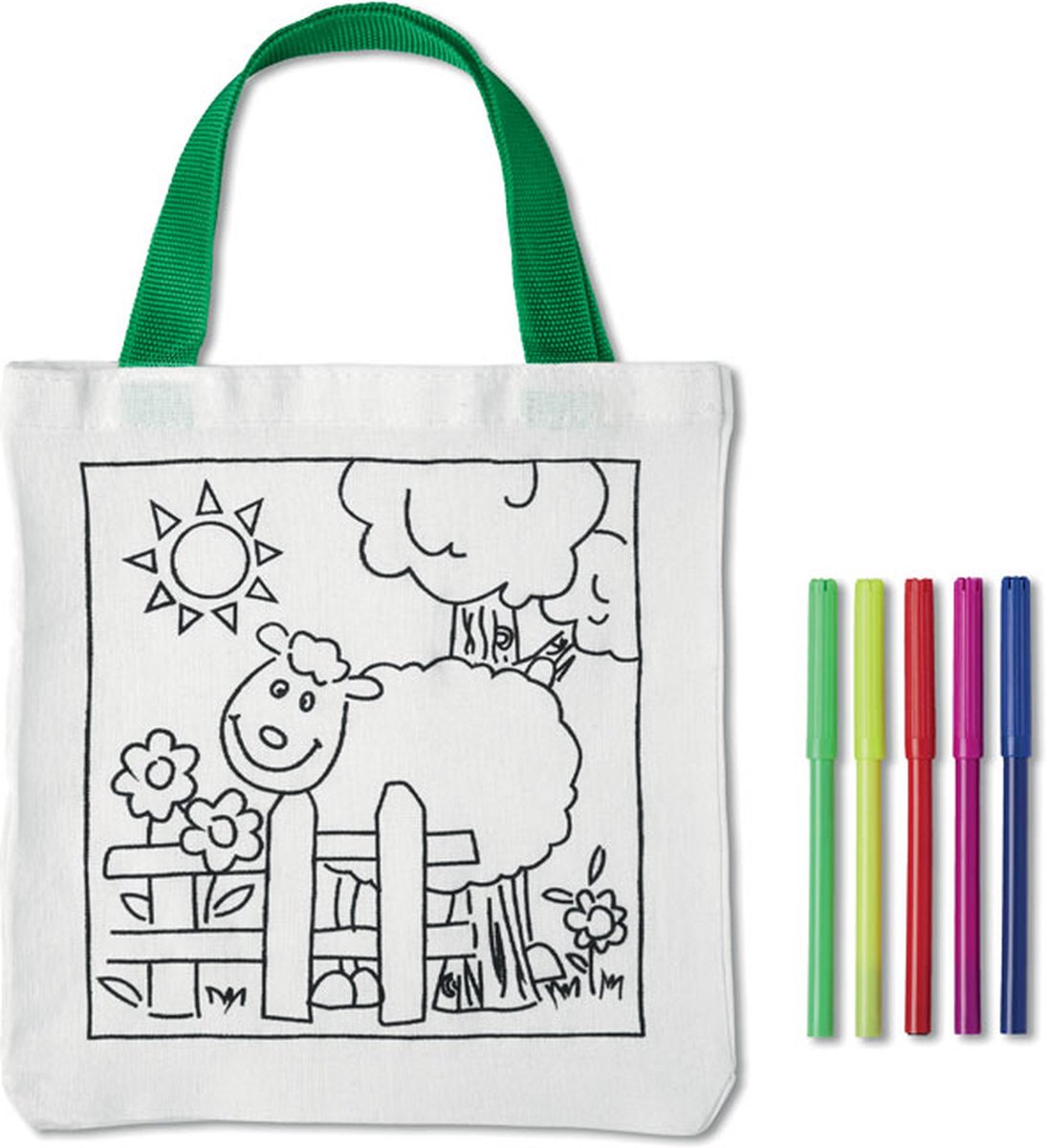 Tekenset - kleurset kinderen - tekenen en kleuren - kleur je eigen tas - groen/wit - inclusief 5 kleurtjes