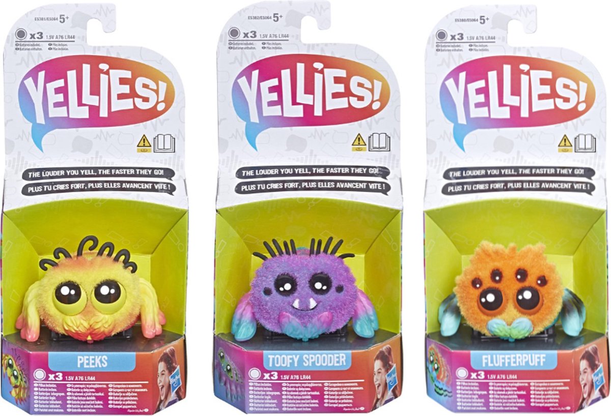 HASBRO YELLIES - 3 stuks - Peeks - Toofy Spooder - Flufferpuff