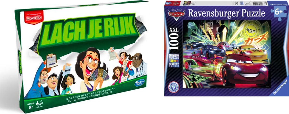 Kinderspelvoordeelset Lach je Rijk - Bordspel &  Ravensburger Disney Cars Neon - Puzzel van 100 stukjes