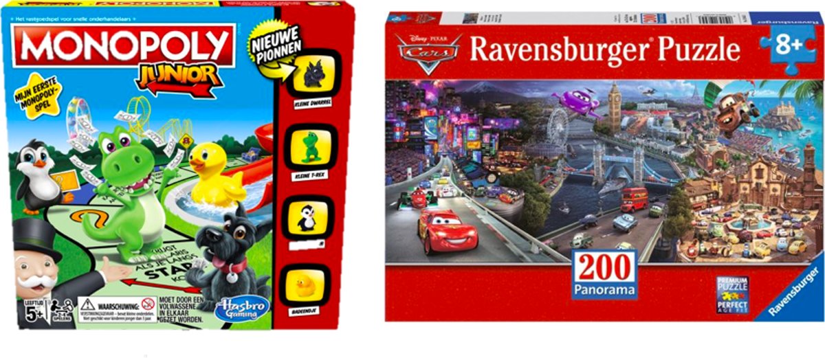 Kinderspelvoordeelset Monopoly Junior - Bordspel & Ravensburger puzzel Disney Cars (panorama) - panorama - Legpuzzel - 200 stukjes