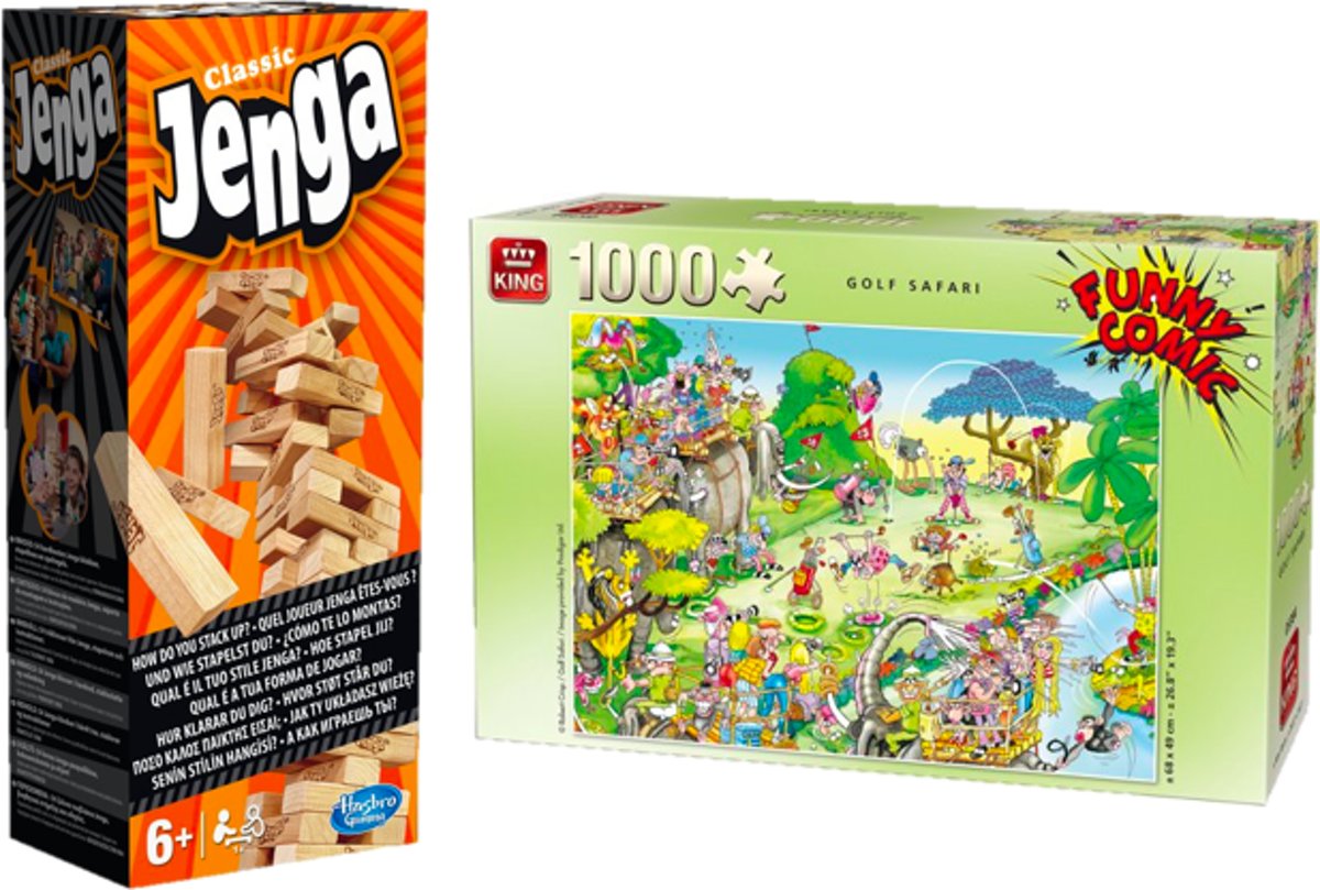 Spel/Puzzelvoordeelset King Funny Comic Puzzel - Golf Safari - 1000 Stukjes Legpuzzel (68 x 49 cm) & Jenga Classic - Gezelschapsspel