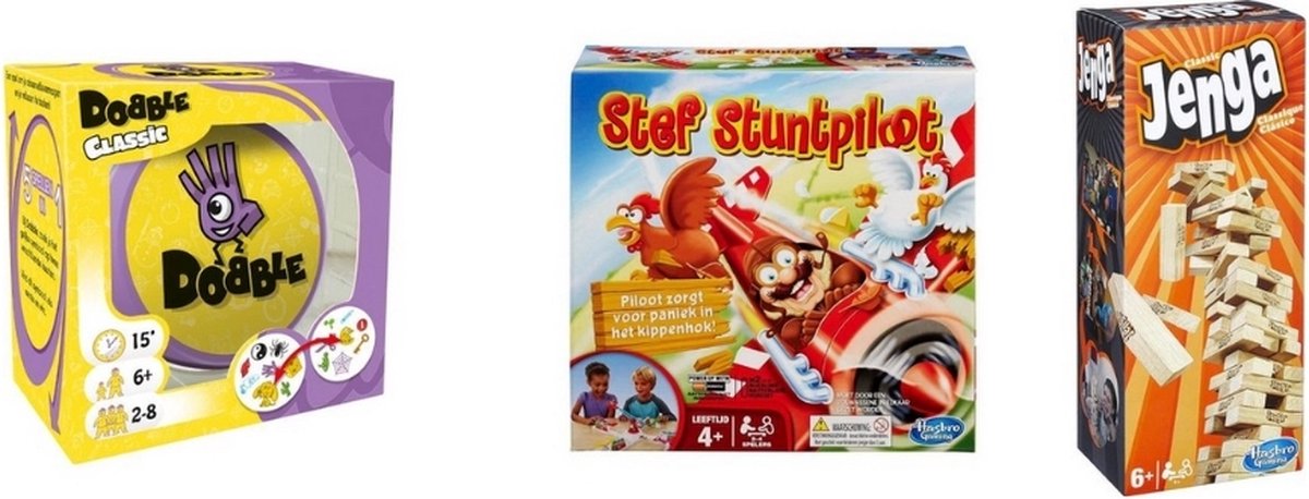 Spellenbundel - 3 Stuks - Dobble Classic & Jenga & Stef Stuntpiloot