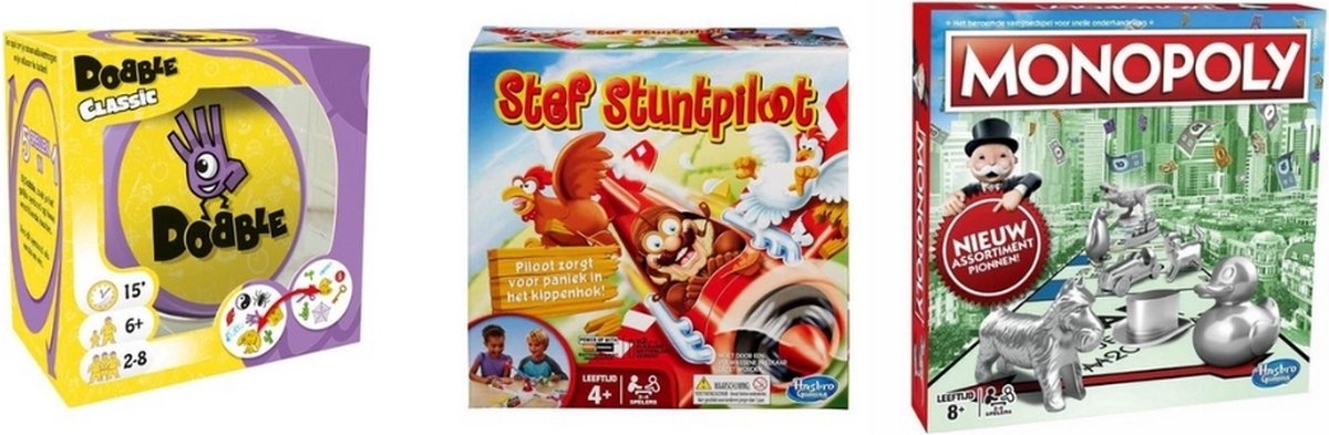 Spellenbundel - 3 Stuks - Dobble Classic & Monopoly Classic & Stef Stuntpiloot