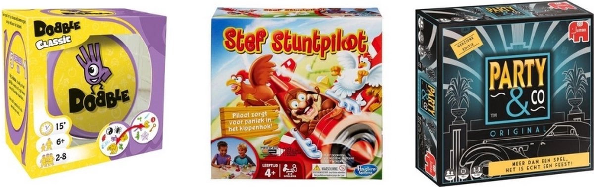 Spellenbundel - 3 Stuks - Dobble Classic & Party&Co & Stef Stuntpiloot