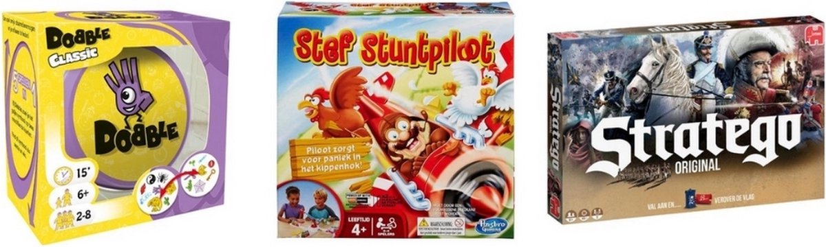 Spellenbundel - 3 Stuks - Dobble Classic & Stratego & Stef Stuntpiloot