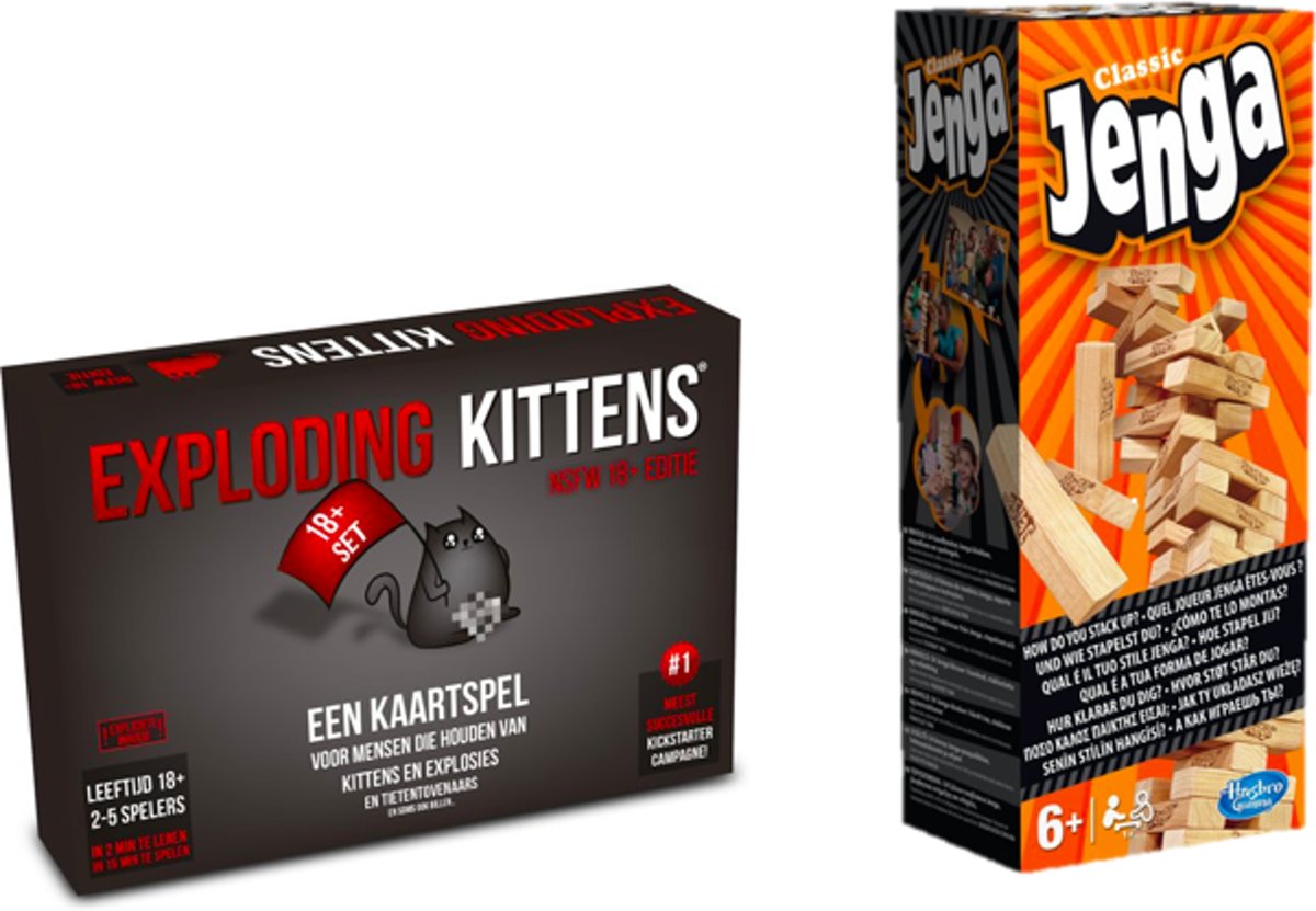 Spelvoordeelset Exploding Kittens NSFW Editie - Nederlandstalig Kaartspel & Jenga Classic - Gezelschapsspel