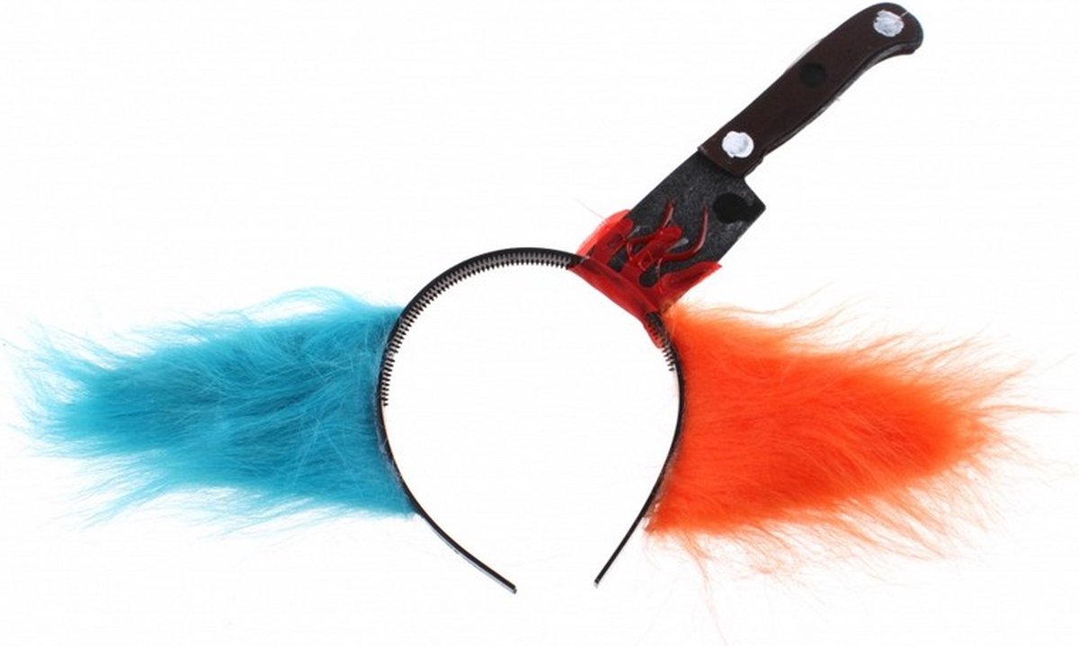 haarband met mes en clownshaar 30 cm blauw/oranje