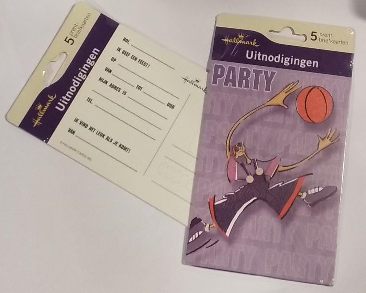 5 uitnodigingen - prentbriefkaart - basketbal