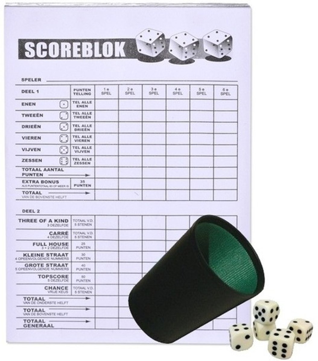 Scoreblok Yahtzee inclusief dobbelbeker met 6 dobbelstenen