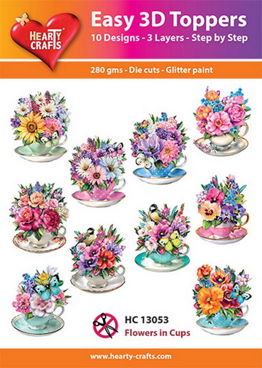 Easy 3D Topper - Bloemen in kopje - HC 13053 - 10 Verschillende - 3 Lagen