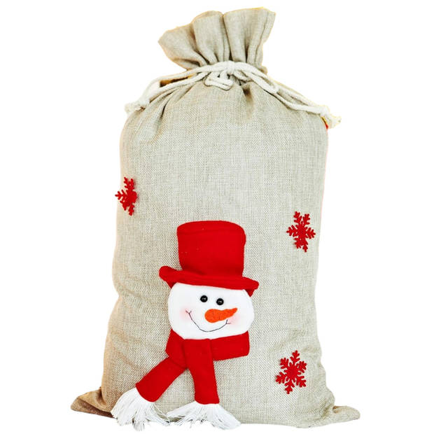 Jute Kerstzak geschenkzak met trekkoord en 3D sneeuwpop - 58 x 34 x 3 cm