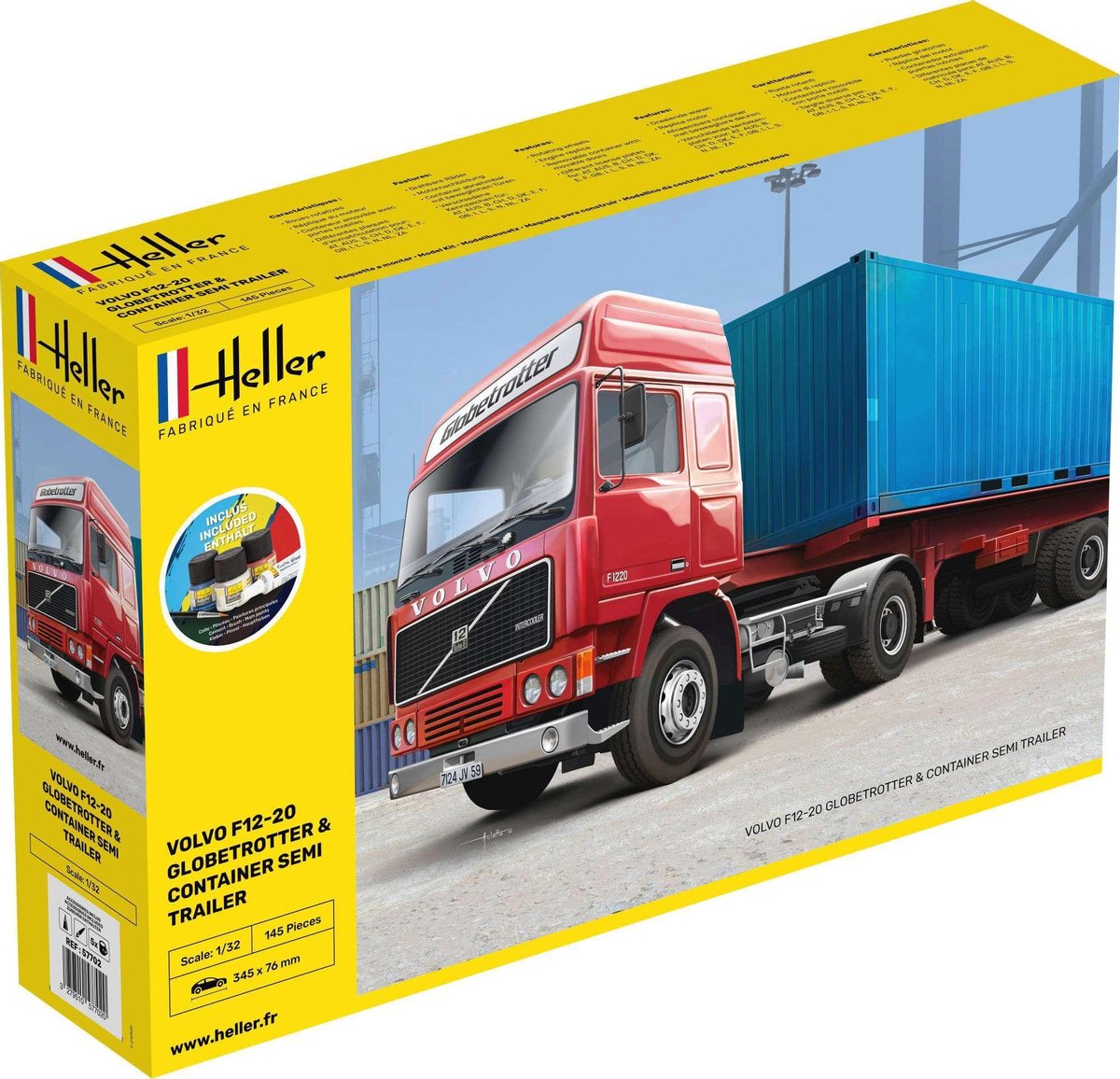 1:32 Heller 57702 STARTER KIT Volvo F-12-20 Globetrotter w Container&trailer Plastic kit