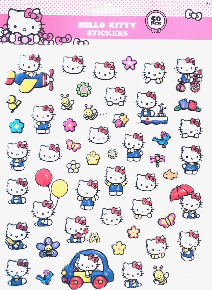 HELLO KITTY 3D Stickers  - 50 stuks - hello kitty ballon - hello kitty auto - hello Kitty fiets - hello kitty paraplu - hello kitty telefoon - hello kitty helikopter