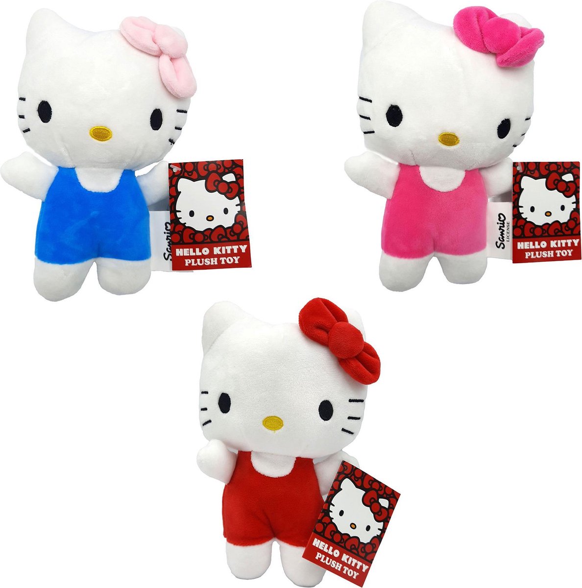 Hello Kitty - Knuffel Set (20 cm) - Handjes omhoog - Roze + Blauw + Rood