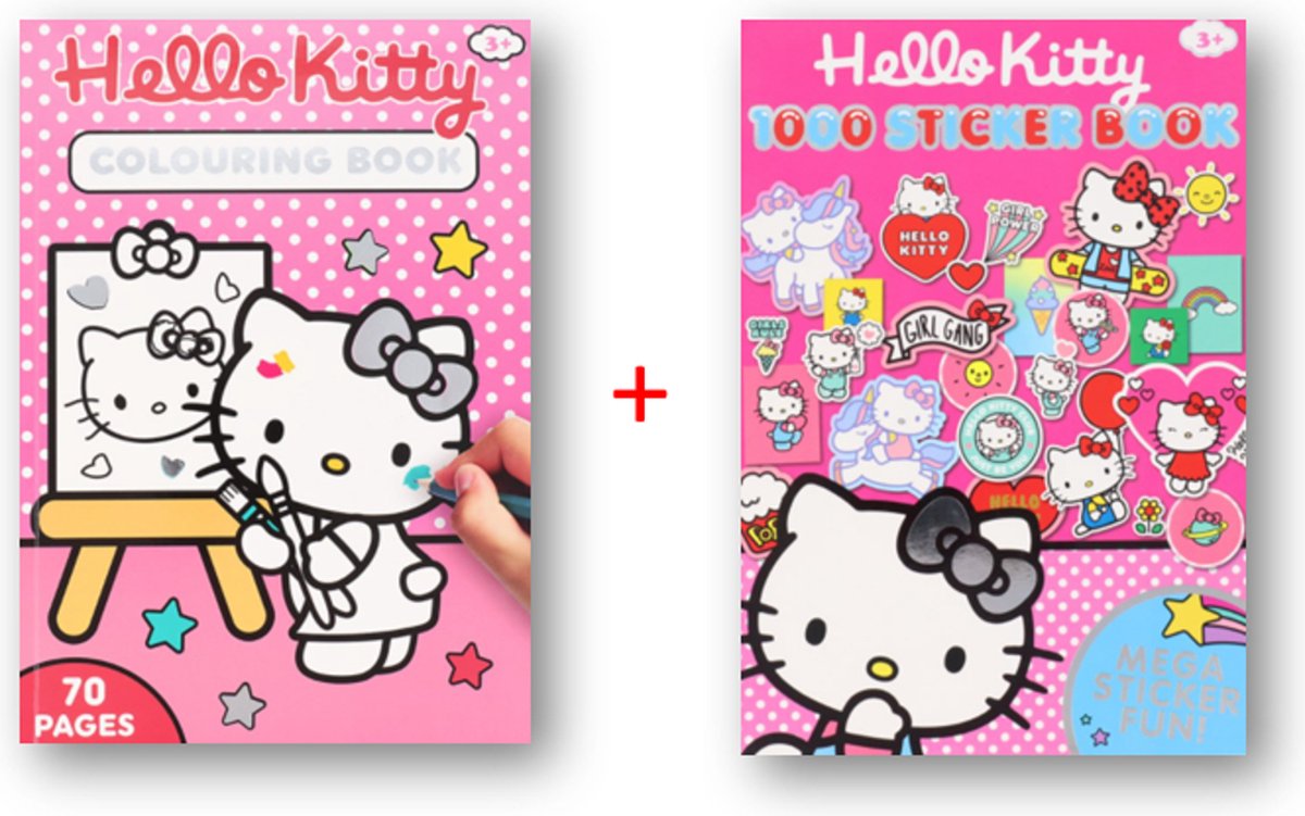 Hello Kitty pakket - Hello Kitty Tekenboek - Hello kitty Stickerboek - Hello kitty - Tekenboek 70 pages - Stickerboek 1000 stuks stickers - 3+ - Tekenen - Kleuren - Plakken - Funpakket - Hobby pakket.