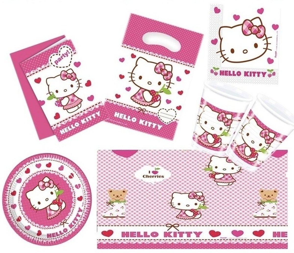 Hello Kitty thema kinderfeestje versiering pakket 7-12 personen - Kinderverjaardag/kinderfeestje Hello Kitty thema pakket