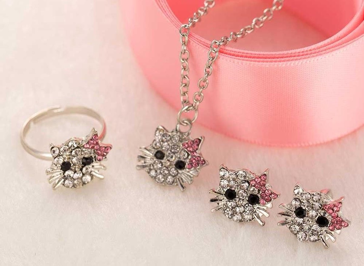 Hello kitty set - Kindersieraden - ketting + ring (aanpasbaar) + oorbellen - rhinestone - stras