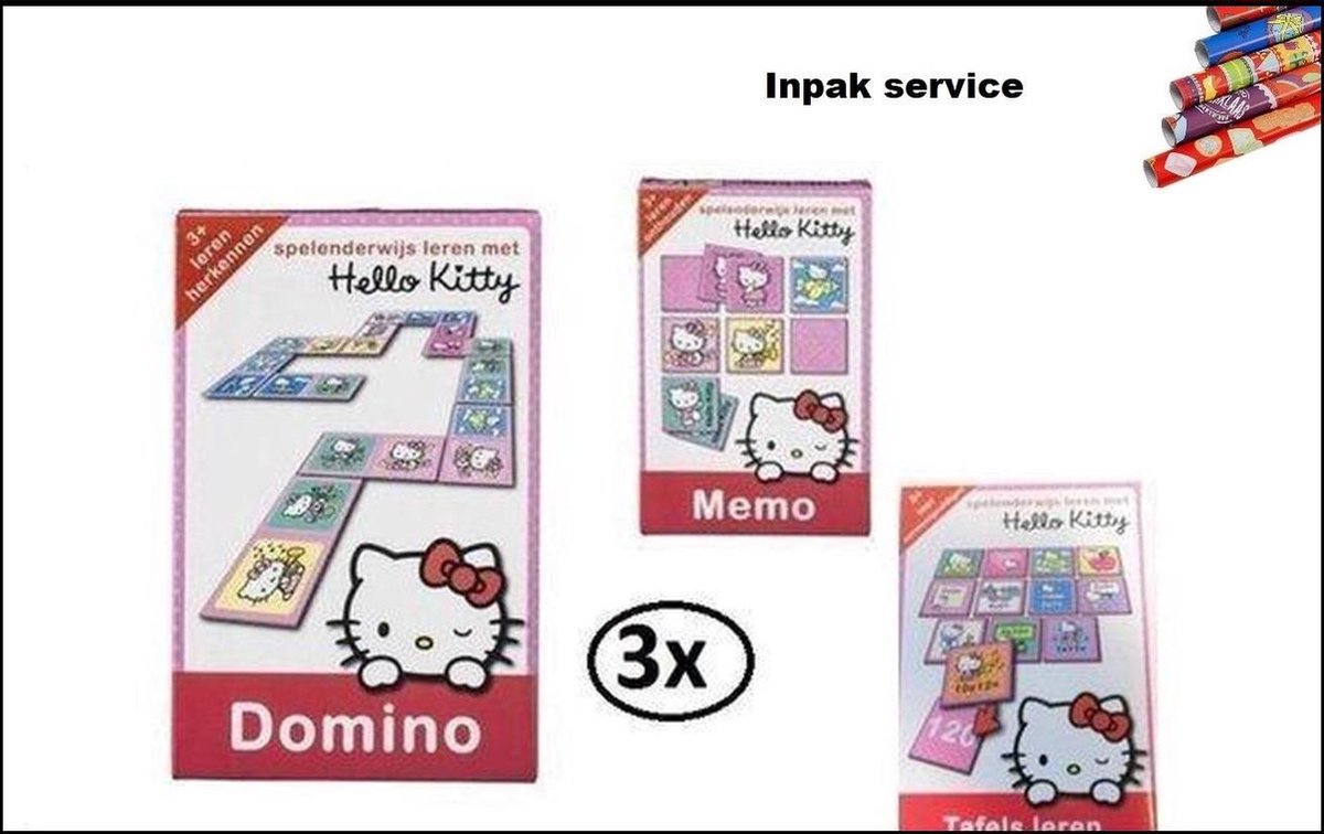 Ingepakt Hello Kitty Spellen set - 3x spel sinterklaas kado spel memo domino tafels hello kitty