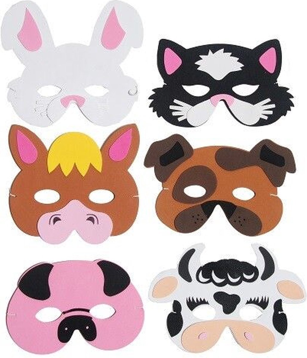 6x jungle masker foam - 6 jungle dieren giraf - olifant - tijger - zebra - aap - leeuw