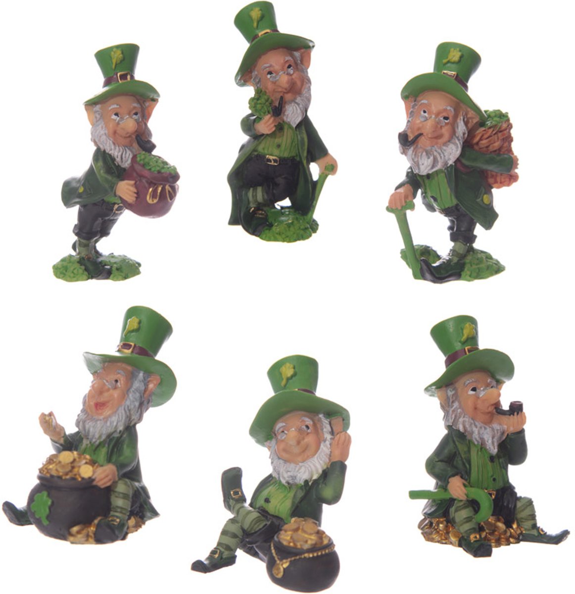 6 x Ierse St Patrick’s Day Gelukskabouters - Leprechauns Geluksbeeldje Ierland Pot Goud Regenboog