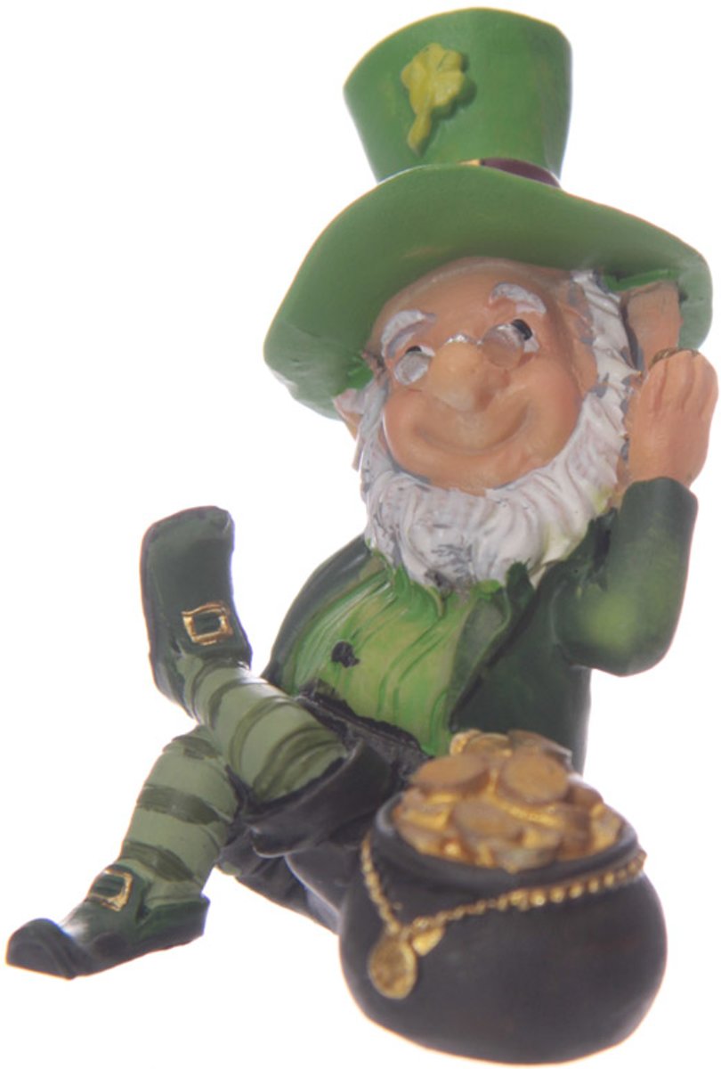 Ierse St Patrick’s Day Gelukskabouter Naast Pot met Goud Leprechaun Geluksbeeldje Ierland Klaverblad