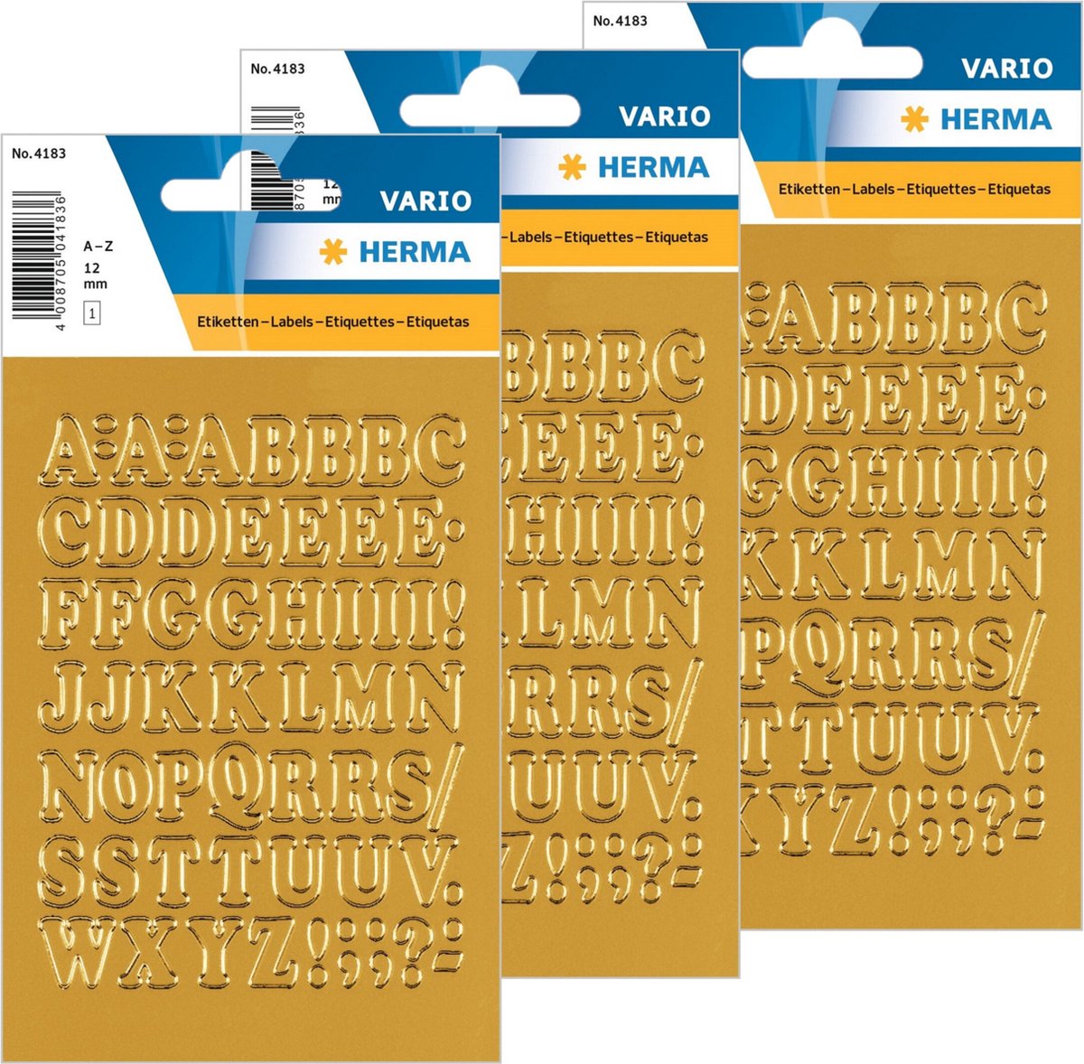 Stickervellen met 54x stuks plak letters alfabet A-Z goud/folie 12 mm - 4 vellen