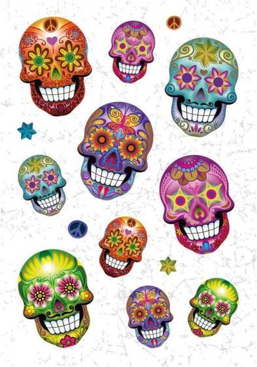 stickervel Flowerpower Skull 16 cm glitter folie 14-delig