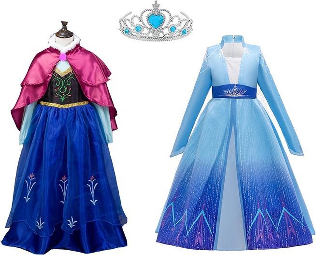 2-Pack Frozen 2 Elsa Jurk + Anna Jurk - maat 122/128(130) - Verkleedkleding Meisje - Prinsessenjurk