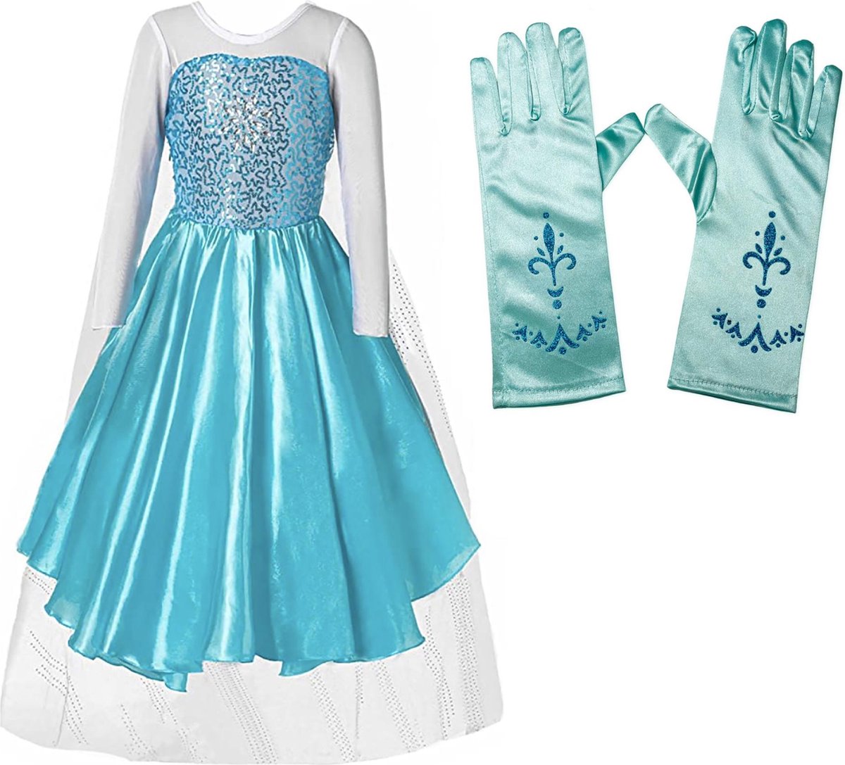 Carnavalskleding - Frozen Elsa Jurk met sleep - maat 98/104 (110) - Handschoenen - Prinsessenjurk