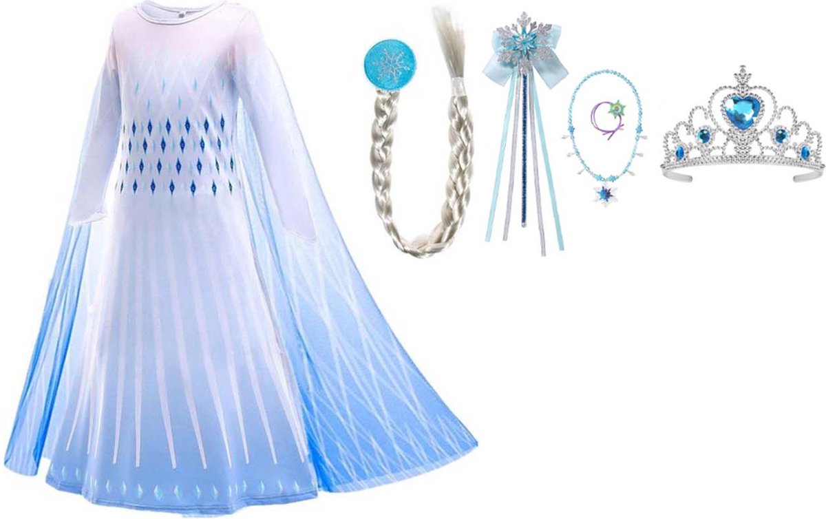 Elsa Frozen - Prinsessenjurk - Verkleedkleding - maat 104/110(110) - Kroon (Tiara) - Toverstaf - Elsa Vlecht - Prinsessen Accessoire set