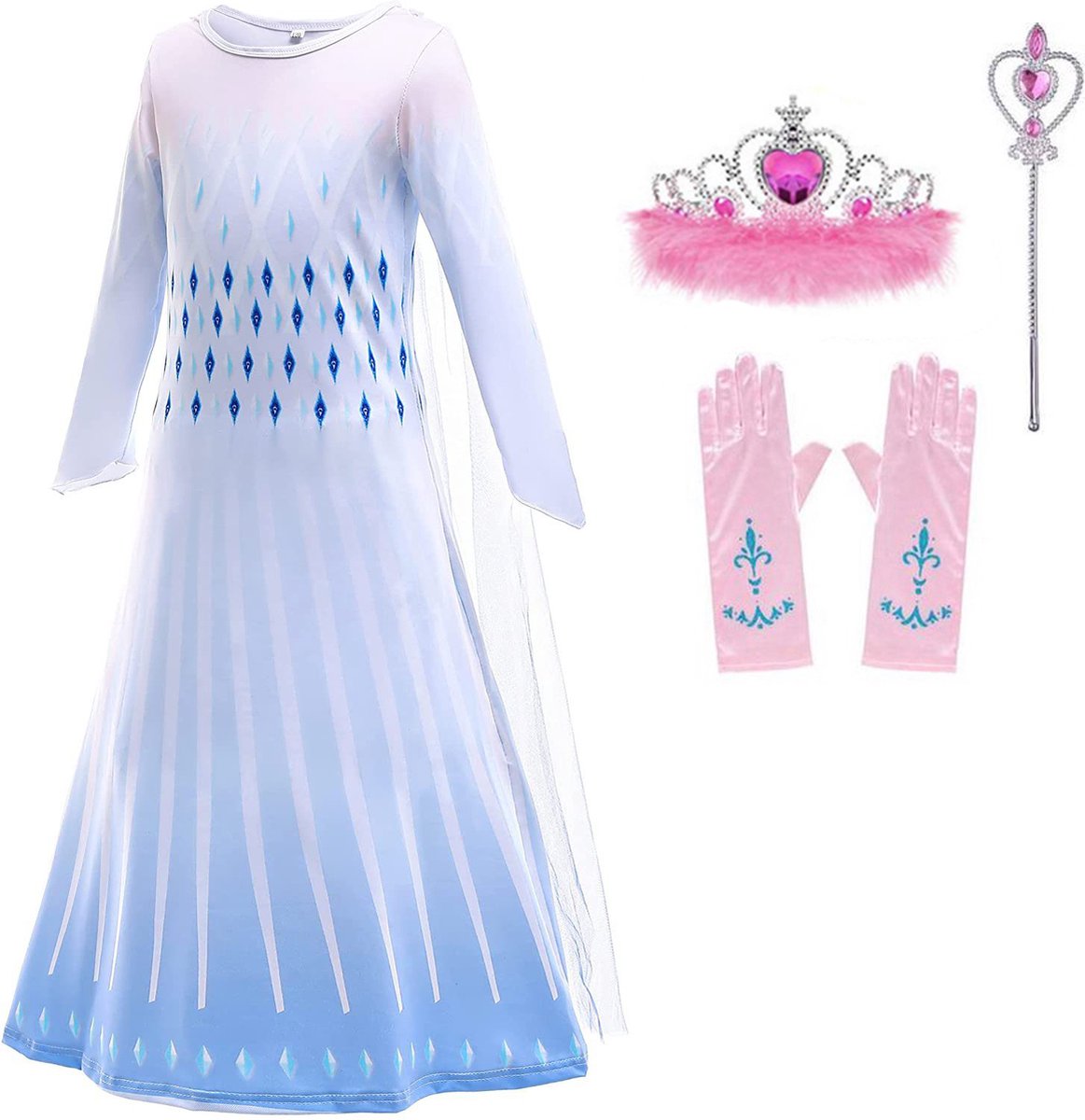 Elsa Frozen - Prinsessenjurk - Verkleedkleding - maat 104/110(110) - Kroon Pluche (Tiara) - Toverstaf - Elsa Vlecht - Prinsessen Accessoire set