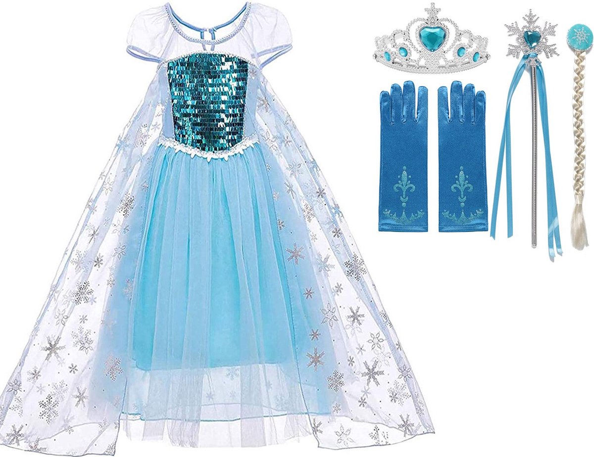 Frozen - Prinsessenjurk - Elsa Jurk - Verkleedkleding Meisje- maat 104/110 - Blauw - Handschoenen - Elsa Vlecht - Toverstaf - Tiara