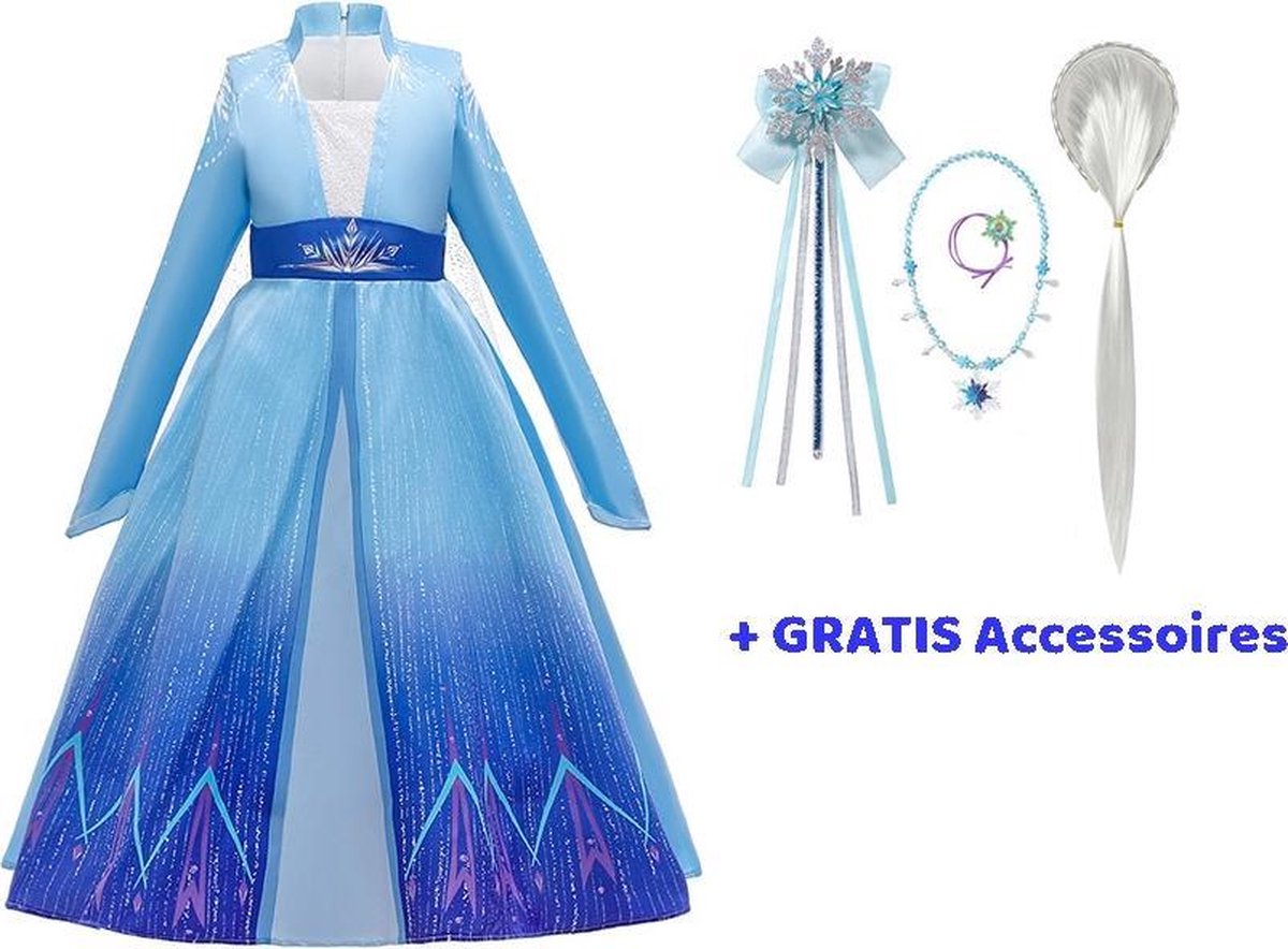 Frozen 2 Elsa blauwe jurk 122/128 + Accessoires - Verkleedjurk - Verkleedkleding kind-Prinsessenjurk