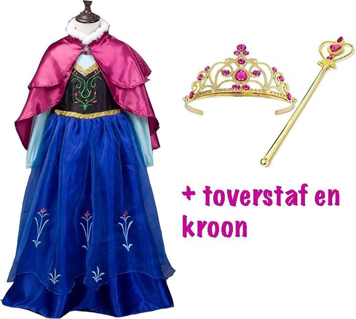 Frozen Anna luxe jurk blauw roze cape 122/128 (130) + GRATIS kroon / toverstaf - Prinsessen jurk verkleedkleding