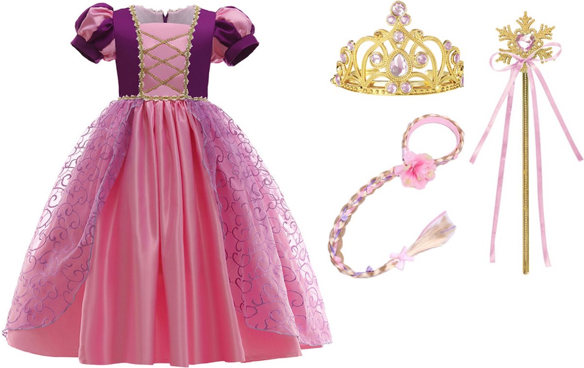 Prinsessen verkleedkleren / Rapunzel Jurk - Prinsessenjurk Meisje - 104-110 - Verkleedkleren Meisje -Kroon - Rapunzel Haarband - Toverstaf - Speelgoed - Paars - Roze - Verkleedkleding