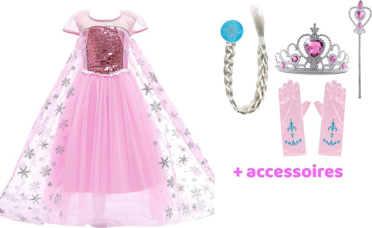 Prinsessenjurk - Elsa - Verkleedkleding Meisje- Frozen - maat 134/140 - Roze - Handschoenen - Elsa Vlecht - Toverstaf - Tiara