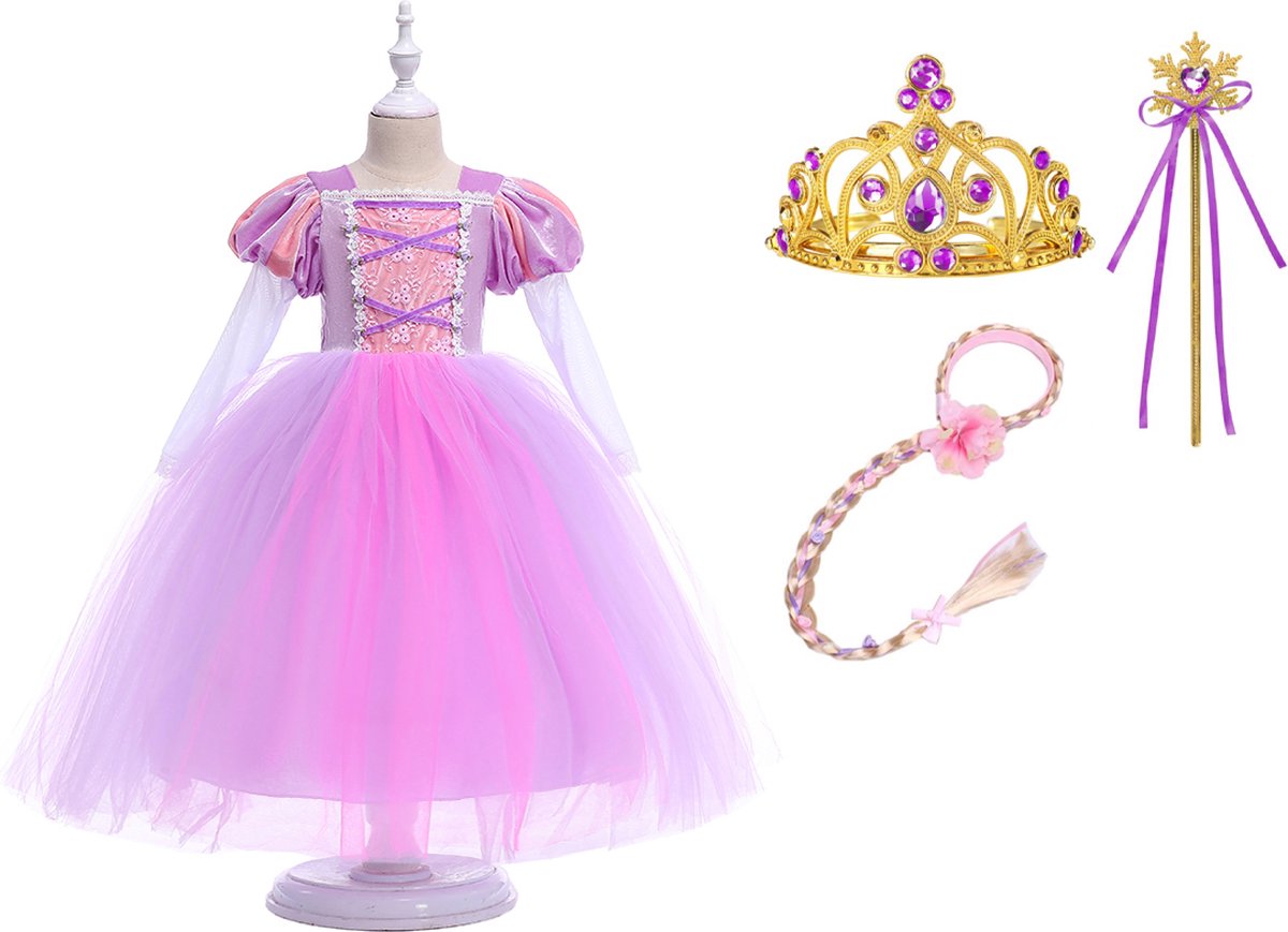 Prinsessenjurk Meisje - Verkleedkleren - Rapunzel Jurk - 134-140 (140) - Speelgoed - Verkleedkleding Meisje - Tiara (Kroon - Toverstaf - Rapunzel Vlecht