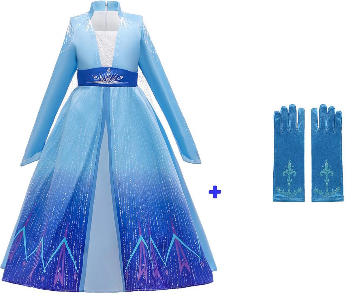 Prinsessenjurk meisje - Frozen - Elsa blauwe jurk 146/152 (150)+ Prinsessen handschoenen - Verkleedjurk -Verkleedkleren meisje