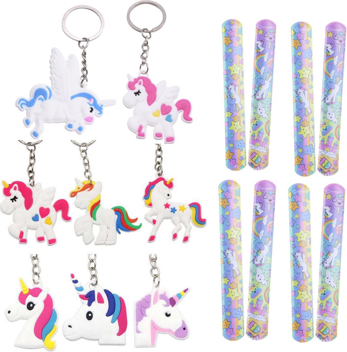 Traktatie Uitdeelcadeautjes Kinderen-8 x Unicorn Sleutelhanger + 8 x Unicorn Klaparmband -Grabbelton Cadeautjes-Klein Speelgoed